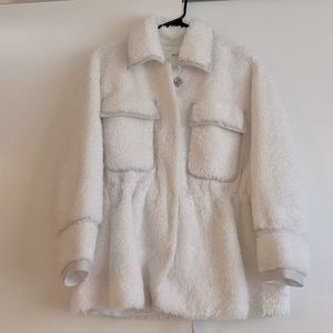 Anthropologie Maeve white faux fur cinched jacket